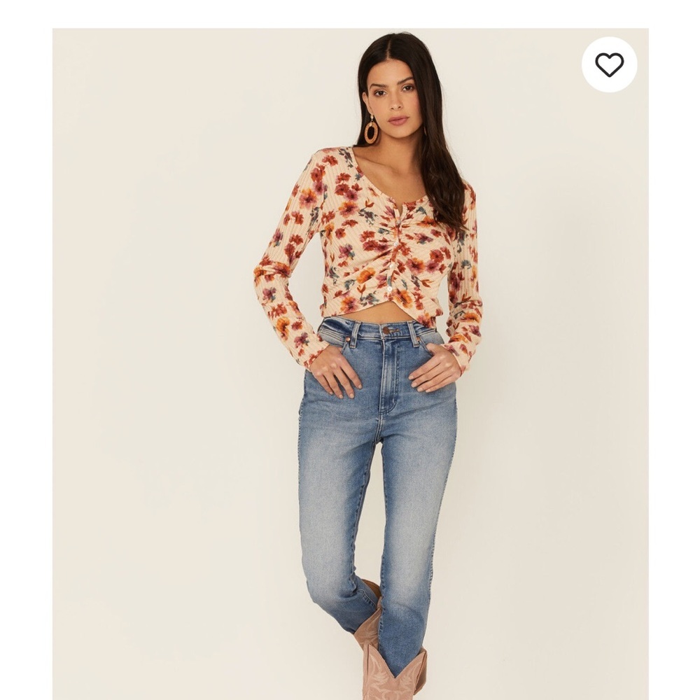 Wild Moss Women's Rust Long Sleeve Floral Button Cinch Front Knit Top
